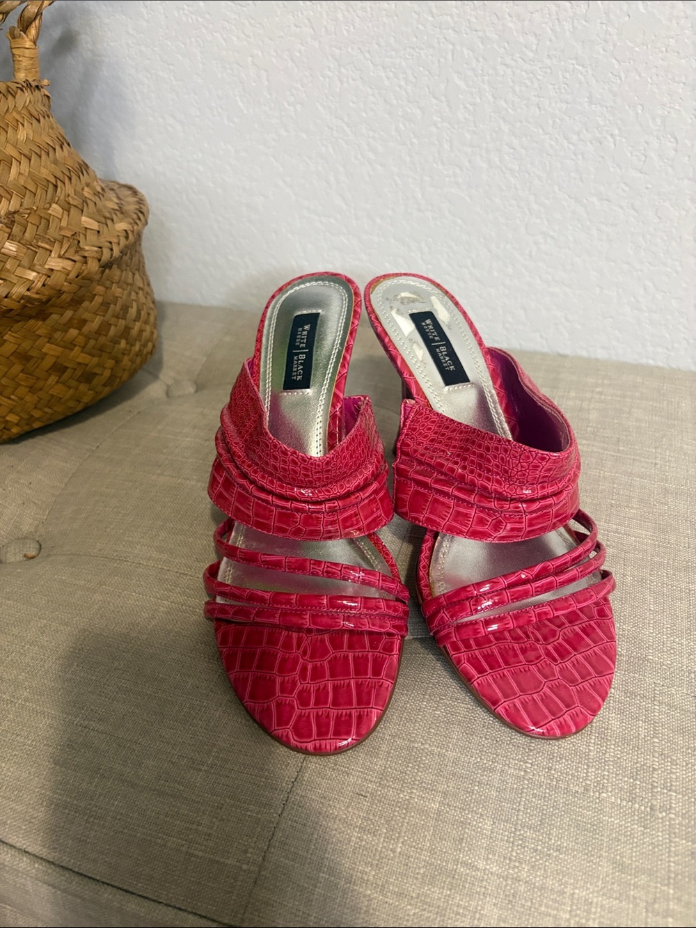 Bright Pink Croc-Embossed Heeled Sandals - Women WHBM 7